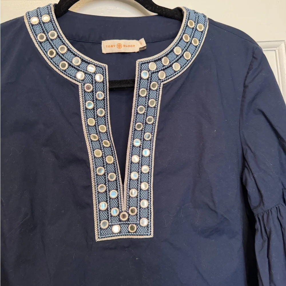 Tory‎ Burch Navy Embellished Tunic Blouse Bell Sleeve Size 4